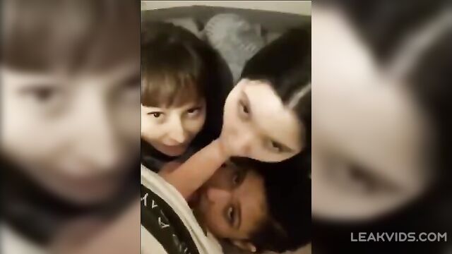 Lucky boy gets a blowjob from 3 pretty girls in the college dorm