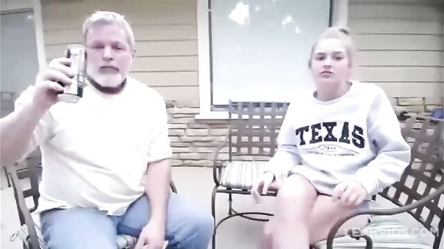 Pretty daughter tries to please her father after dinner using her tits and pussy