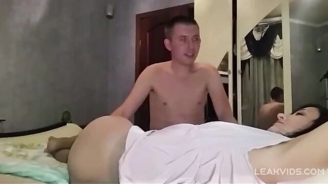 Brunette mom secretly fuck son & let him creampie her pussy