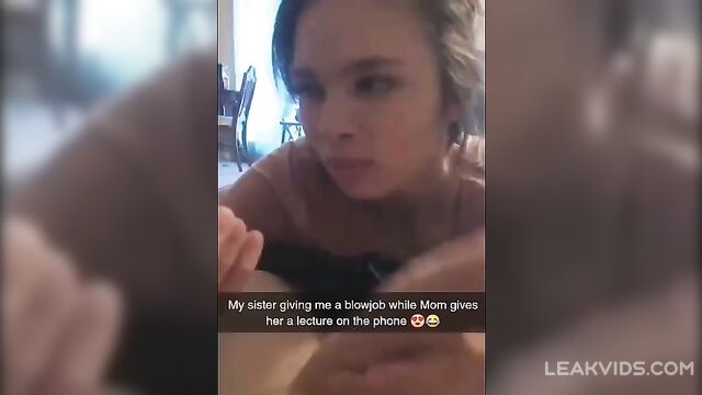 Sister giving brother a blowjob while mom gives her a lecture on the phone - 1 image