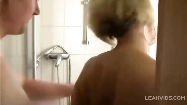 Son follows mom into the shower to look at her bald pussy and fuck her hard in the ass - 2 image
