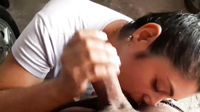 Horny mom gives her son a great blowjob in the underground garage