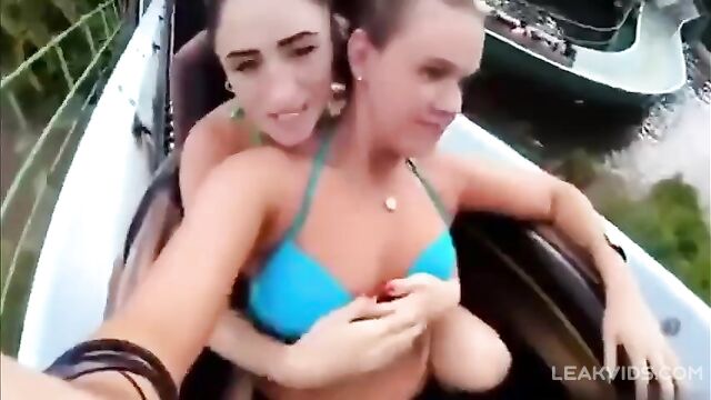 Two Hot Real Sisters Flash Their Tits And Pussy At The Water Park - 4 image