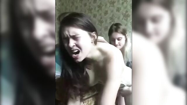 Big Sister Fucks Little Sister's Tight Pussy With A Big Dildo